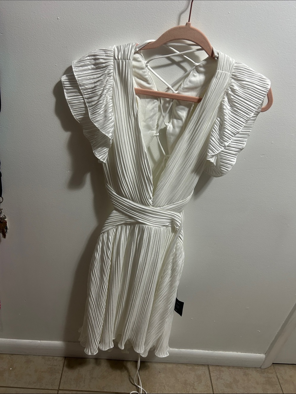 Lulu's White Pleated V-Neck Wrap Mini Dress